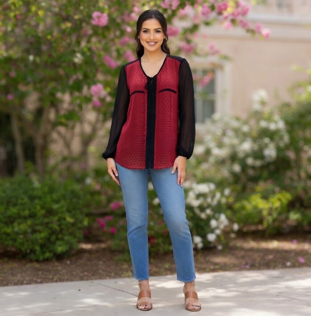 ANA A New Approach Womens Top XL Black Red Polka Dot Sheer Blouse Bow Front EXC